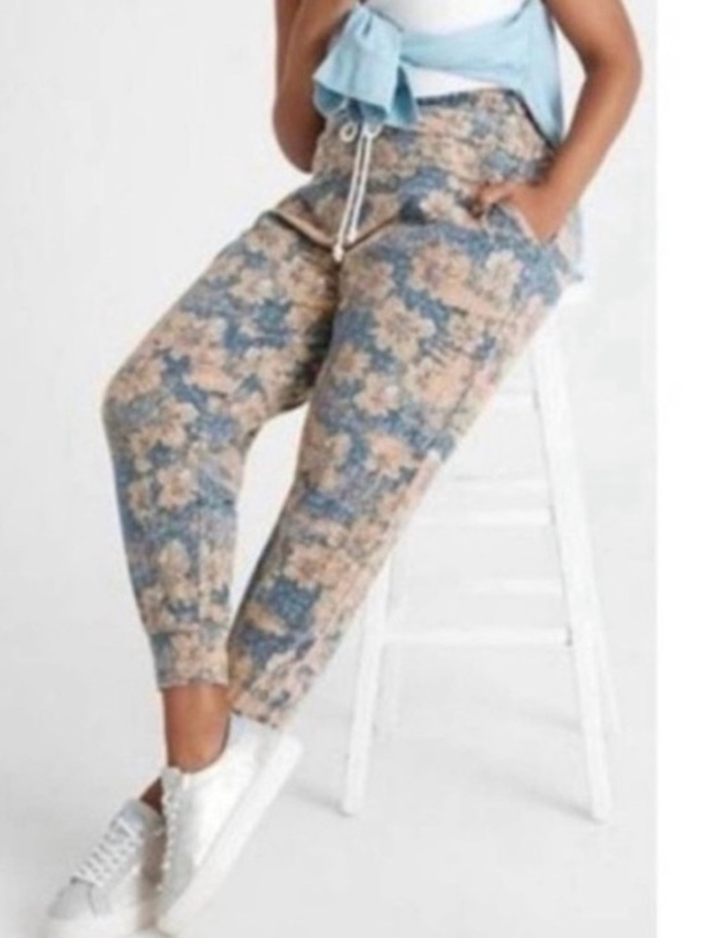Anthropologie Saturday Sunday Sofia Joggers Floral Elastic Waist Blue Tan S